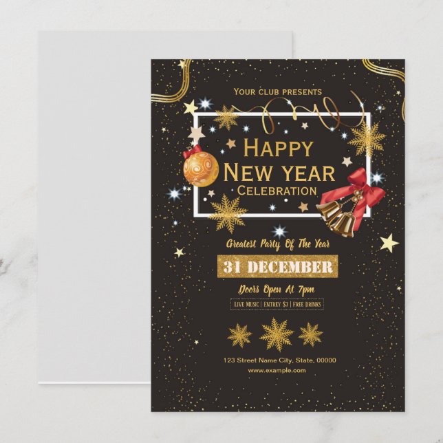 Tarjeta de invitación para fiesta de año nuevo (Anverso / Reverso)