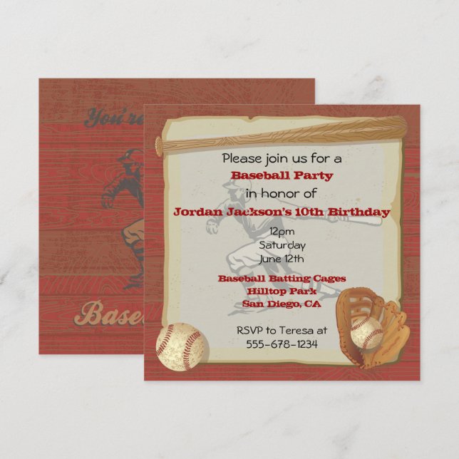 Tarjeta de invitación para fiesta de béisbol vinta (Anverso / Reverso)