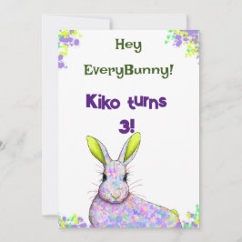 Tarjeta de invitación para fiesta de conejo púrpur