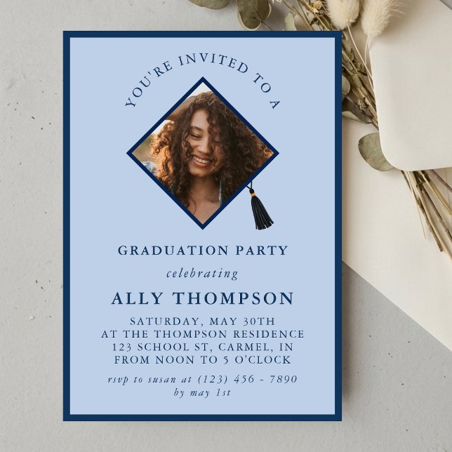 Tarjeta de Invitación para Fiesta de Graduación co (Modern Blue Photo Frame Graduation Party Invitation)