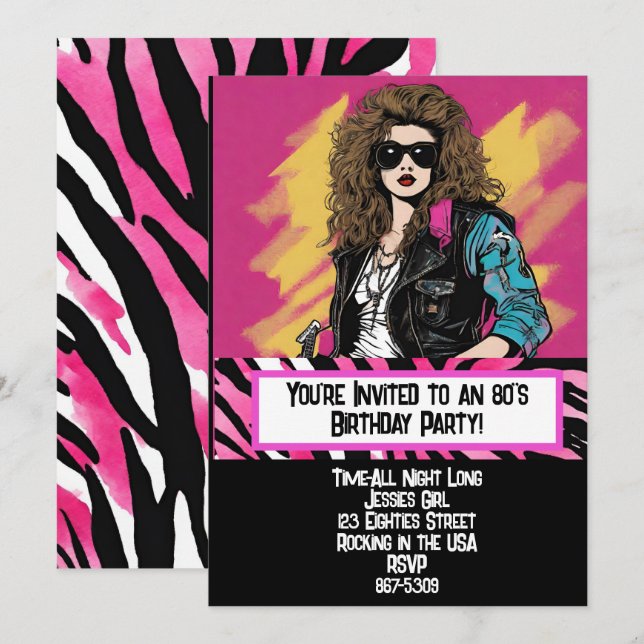 Tarjeta de invitación para fiesta de los 80 (Anverso / Reverso)