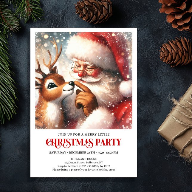 Tarjeta de Invitación para Fiesta de Navidad de Ni (Cute Santa Rudolph Kids Christmas Party Invitation)