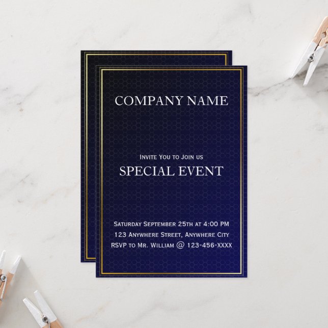 Tarjeta de invitación para fiesta de negocios Navy (Anverso/Reverso In Situ)
