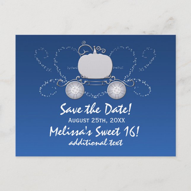 Tarjeta de invitación para fiesta en carruaje azul (Anverso)