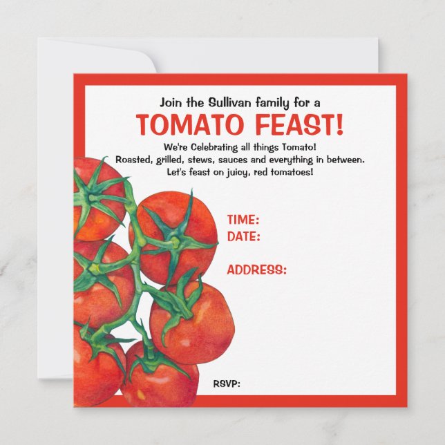 Tarjeta de invitación para fiestas de tomates rojo (Anverso)