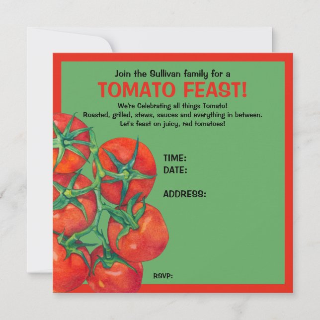 Tarjeta de invitación para fiestas de tomates rojo (Anverso)