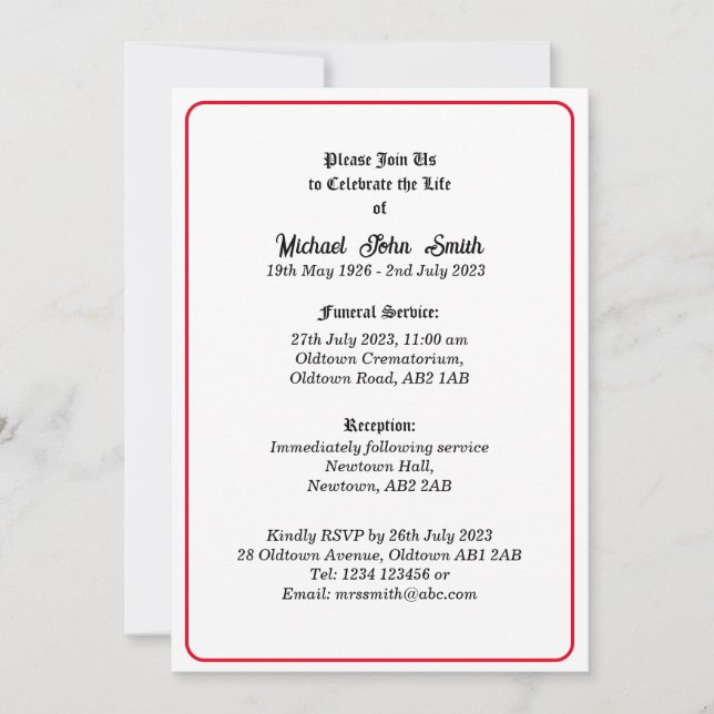 Tarjeta de invitación para funerales Minimalistas  (Anverso)