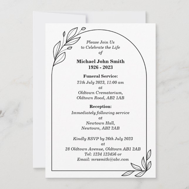 Tarjeta de invitación para funerales Minimalistas  (Anverso)