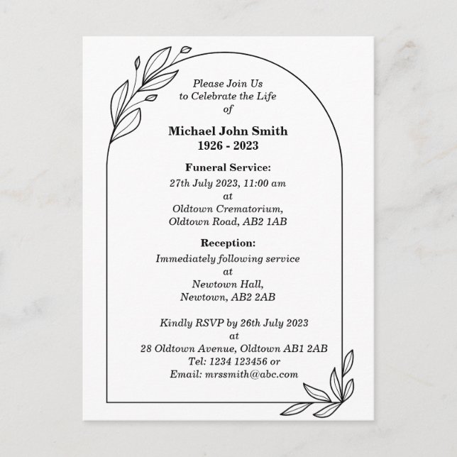Tarjeta de invitación para funerales Minimalistas  (Anverso)