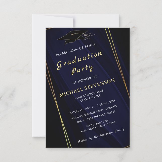 Tarjeta de invitación para graduación azul de la M (Anverso)