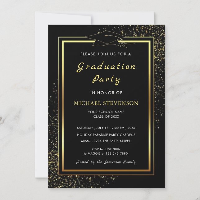 Tarjeta de invitación para graduación Black Gold d (Anverso)