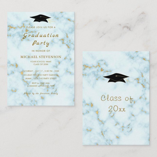 Tarjeta de invitación para graduación de mármol bl (Anverso / Reverso)