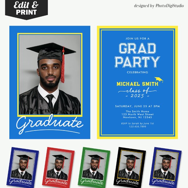Tarjeta de invitación para graduación de personali (Custom Graduation Invitation Card | Blue and Yellow Classic Design for Graduation Party and Ceremony)
