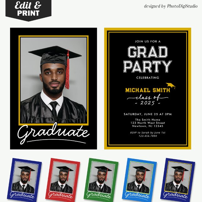 Tarjeta de invitación para graduación de personali (Custom Graduation Invitation Card | Black and Gold Classic Design for Graduation Party and Ceremony )