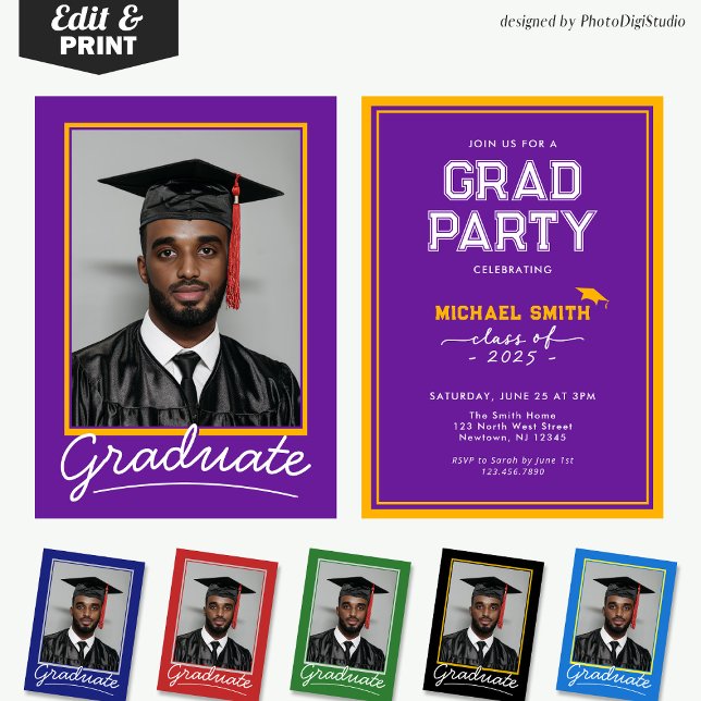 Tarjeta de invitación para graduación de personali (Custom Graduation Invitation Card | Purple and Gold Classic Design for Graduation Party and Ceremony)