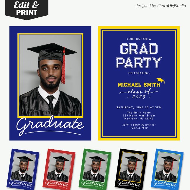 Tarjeta de invitación para graduación de personali (Custom Graduation Invitation Card | Blue and Gold Classic Design for Graduation Party and Ceremony)