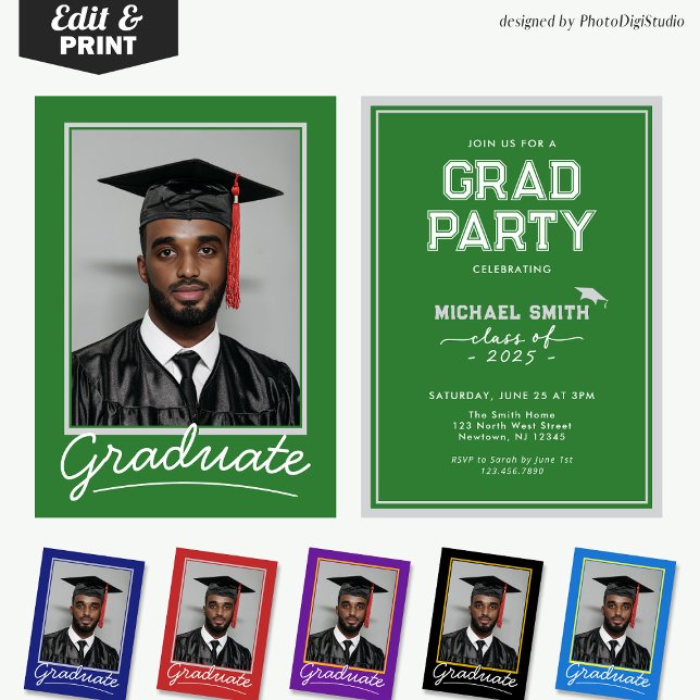 Tarjeta de invitación para graduación de personali (Custom Graduation Invitation Card | Green and White Classic Design for Graduation Party and Ceremony)