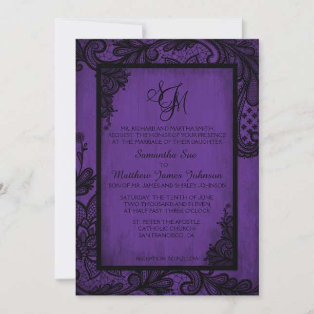 Tarjeta de invitación para matrimonio gótico morad (Anverso)