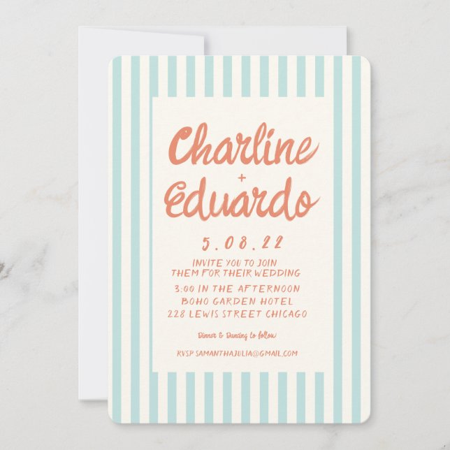 Tarjeta de invitación para matrimonio Pastel Retro (Anverso)