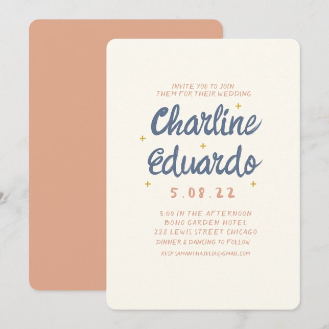 Tarjeta de invitación para matrimonio Pastel Retro (Anverso / Reverso)