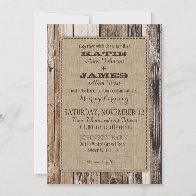 Tarjeta de invitación para matrimonio rústico de m (Anverso)