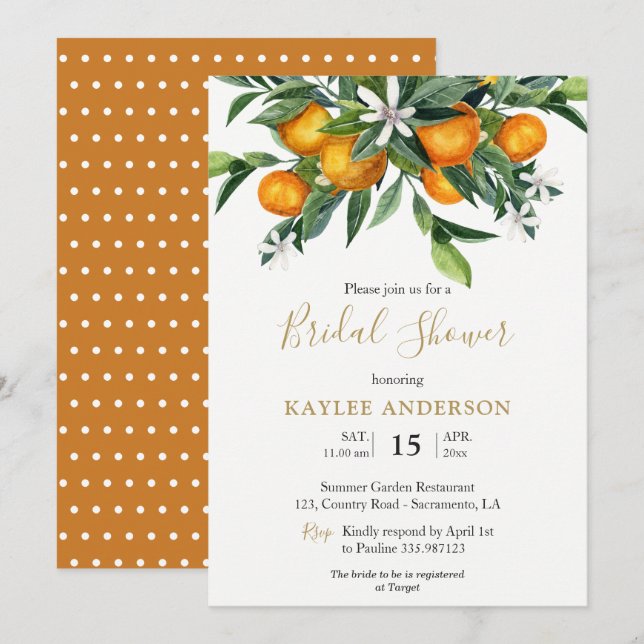 Tarjeta de invitación para naranjas Bridal Shower (Anverso / Reverso)