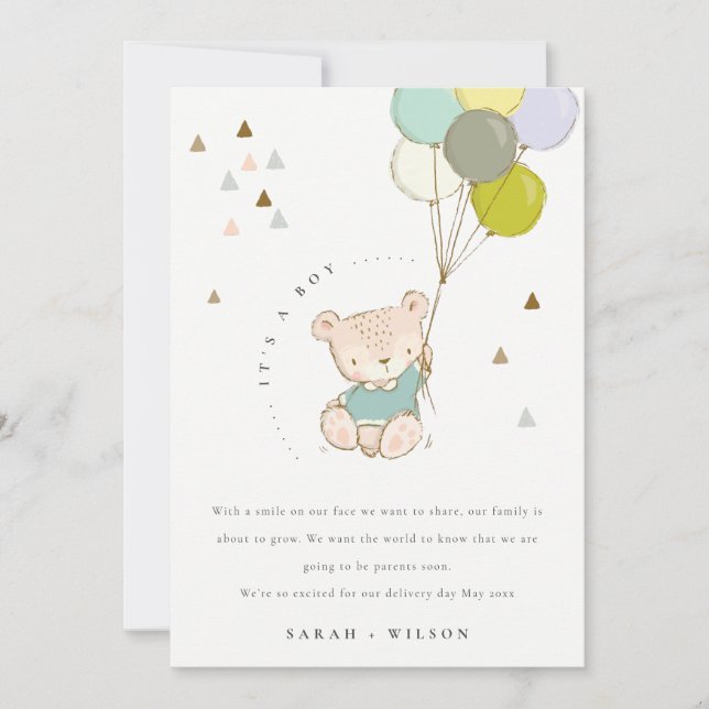 Tarjeta de Invitación para niños con globo de oso  (Anverso)