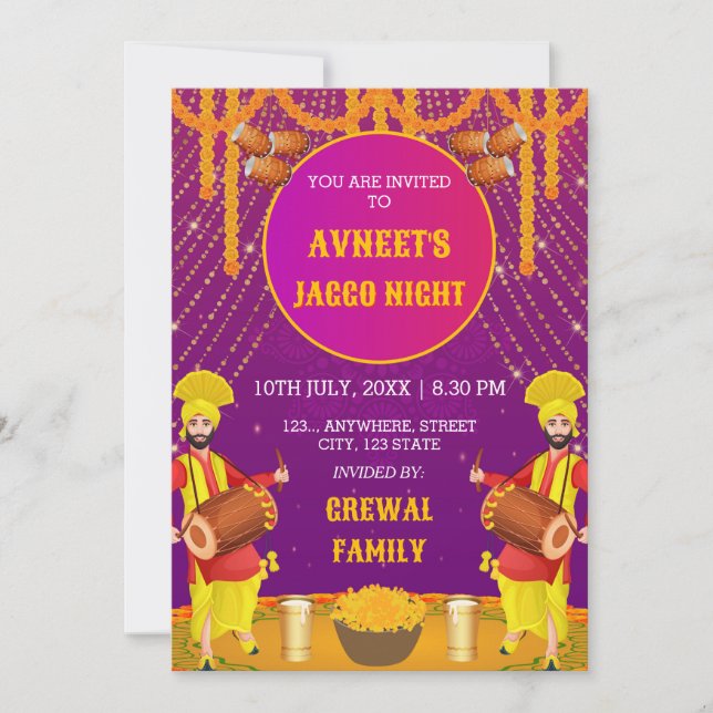 Tarjeta de Invitación para Noche de Jaggo Punjabi  (Anverso)