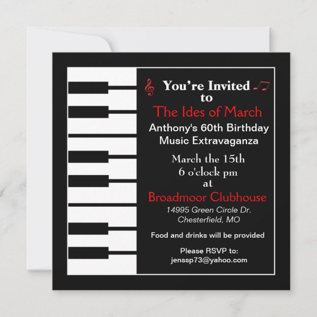 Tarjeta de invitación para notas de piano (Anverso)