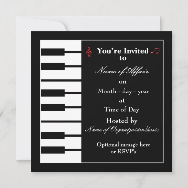 Tarjeta de invitación para notas de piano (Anverso)