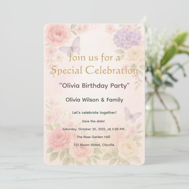 Tarjeta de invitación Pastel Watercolor Garden Flo (Anverso de pie)