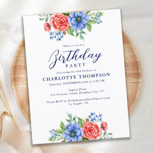 Tarjeta de invitación Patriótica Floral Rojo Azul