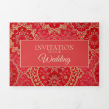 Tarjeta de invitación - Patrón dorado rojo orienta
