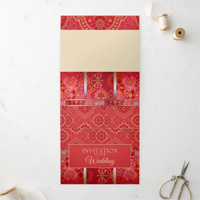 Tarjeta de invitación - Patrón dorado rojo orienta (Exterior)