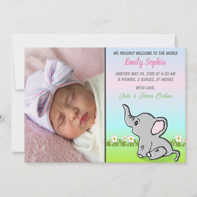 Tarjeta de Invitación plana Baby Girl Elephant (Anverso)