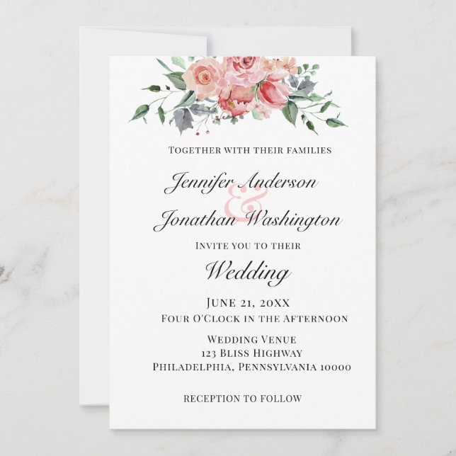 Tarjeta de Invitación plana Rosa romántica (Anverso)