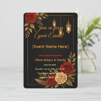 Tarjeta de Invitación Plantilla Lujo Negro Oro Flo