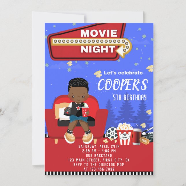 Tarjeta de invitación por cumpleaños de Movie Nigh (Anverso)