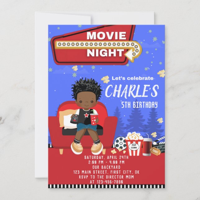 Tarjeta de invitación por cumpleaños de Movie Nigh (Anverso)
