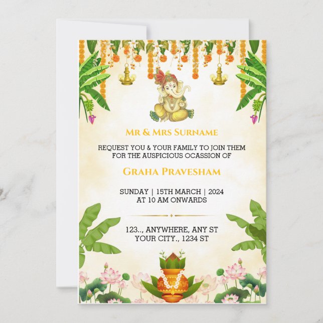 Tarjeta de invitación Pravesh Gruh India, calentam (Anverso)
