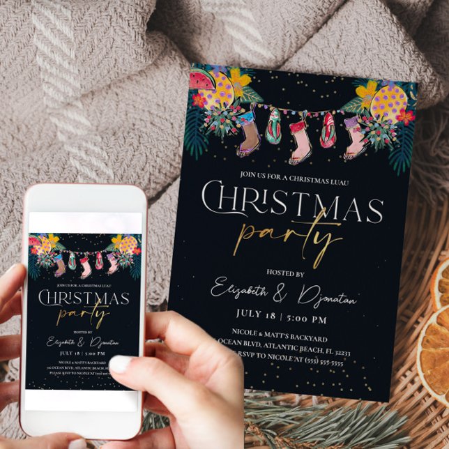 Tarjeta de invitación Purpurina de oro para Navida (Tropical Christmas Gold Glitter Invitation)