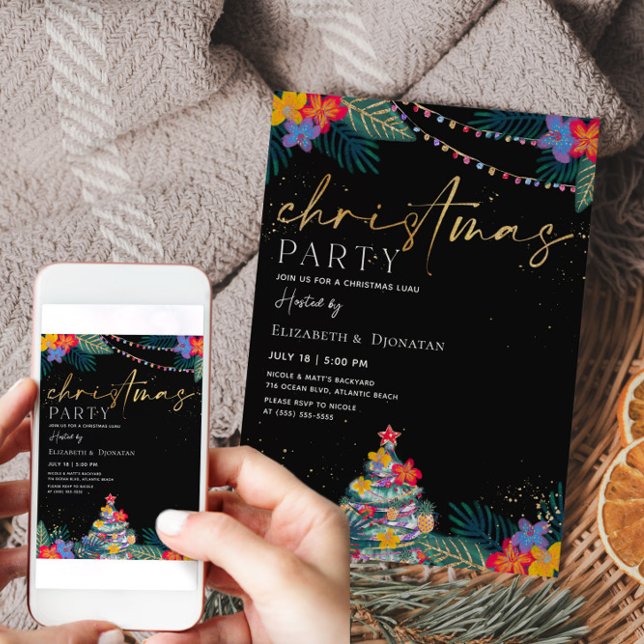 Tarjeta de invitación Purpurina de oro para Navida (Tropical Christmas Invitation)
