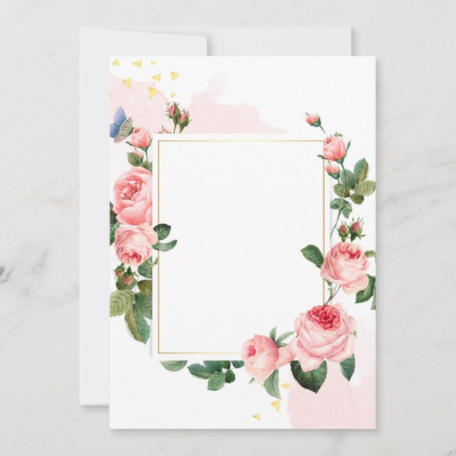 Tarjeta de invitación rectangular blanca con rosas (Anverso)