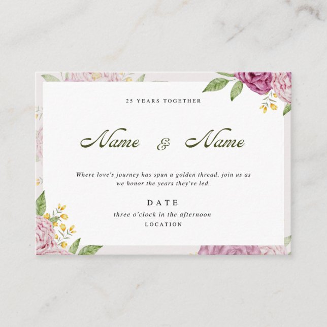 Tarjeta de invitación Romántica Floral Aniversario (Anverso)