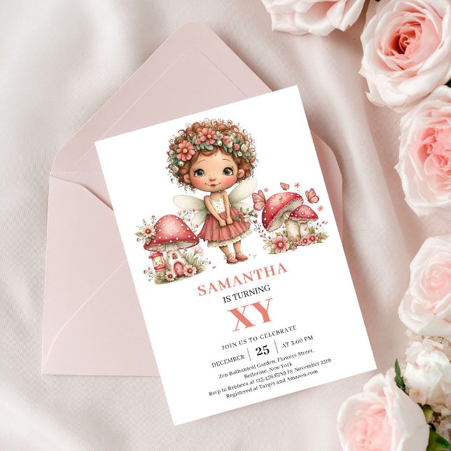 Tarjeta de Invitación Rosa Claro para Cumpleaños 3 (Cute Fairy 3rd Birthday Blush Pink Invite Card)