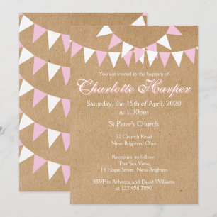 Tarjeta de invitación rosa para bautizo de Baby Bu