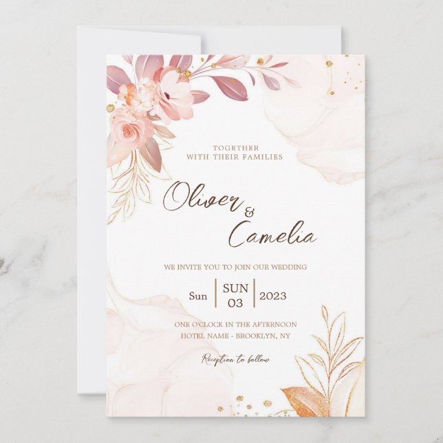 tarjeta de invitación rosa y marrón para boda (Anverso)