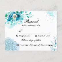Tarjeta de invitación RSPV floral azul para boda