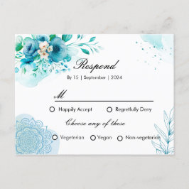 Tarjeta de invitación RSPV floral azul para boda