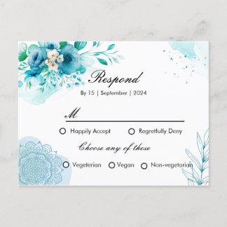 Tarjeta de invitación RSPV floral azul para boda
